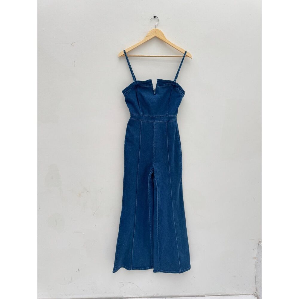 Flying Tomato Denim Jumpsuit Wide Leg Flare V Notch Blue Jeans Medium M 70s